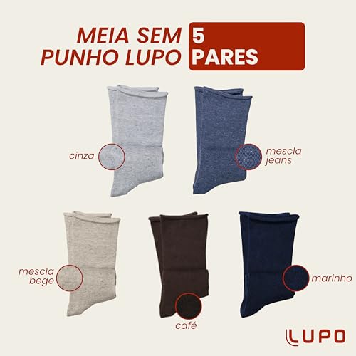 Kit 5 Pares Meias Lupo Sem Punho Meias Sem Punho Para Melhor Circulação, 1 Marinho - 1 Mescla Jeans