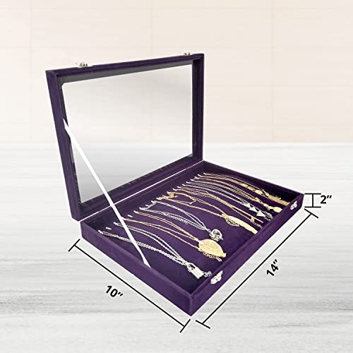 Hivory Necklace Organizer Tray - Necklace Storage Box With Glass Lid - Stackable Necklace Jewelry Holder Velvet Tray With 20 Hooks (Purple) #TOP2