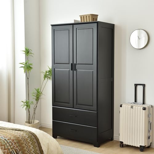 Better Home Products Stylish Pine Wood Closet with Raised Doors and Two Drawers for Easy Access (Black)