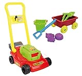 Alles dabei was ein Kind braucht um im Garten Spaß zu haben - Rasenmäher und der praktische Leiterwagen der überall nützlich ist kombiniert mit tollem Sandspielzeug