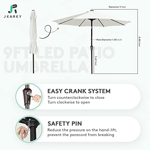 Image of JEAREY 9FT Outdoor Patio Umbrella with Solar Lights, LED Lighted Pool Umbrella with Tilt and Crank, Outdoor Table Umbrellas for Deck, Yard & Market (Off White)
