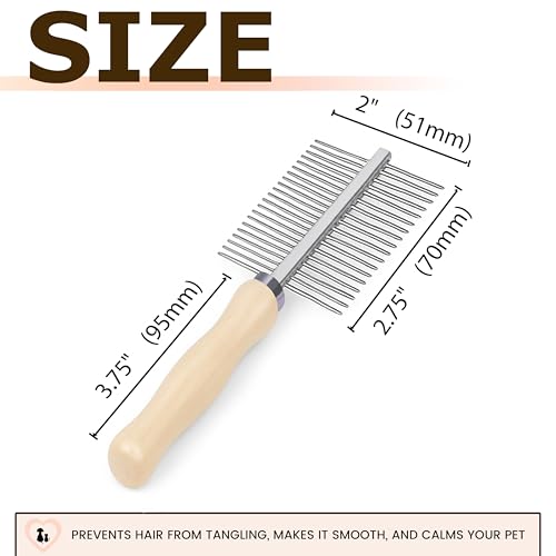 Image of Double Row Undercoat Rake for Dogs & Cats - Wooden Handle Metal Dog Comb, Pet Grooming Dog Rake for Deshedding & Detangling