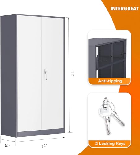 Image of INTERGREAT Metal Storage Cabinet Doors, 72 inch Locking Steel Storage Cabinet with Shelves, Tall Lockable Steel Cabinets for Home Office, Garage(New Grey)