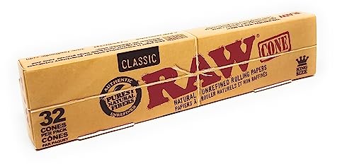 Raw Classic Natural Unrefined King Size PreRolled Rolling Paper Cones 32 Per Box