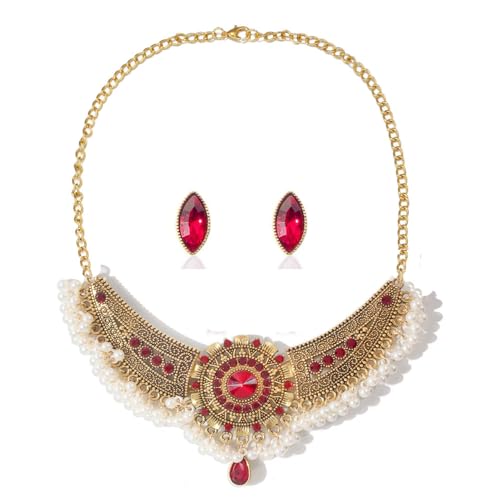 Gargantilla bohemia retro en oro viejo con cristales tradicionales y perlas
