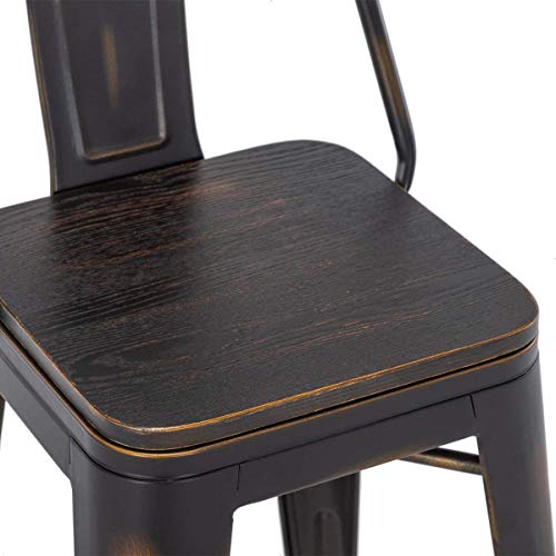 Alunaune 24" Metal Bar Stools Set Of 4 Industrial Counter Height Bar Stools With Back Kitchen Bar Chairs Wooden Seat-Distressed Gold Black #TOP5