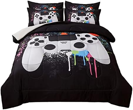 akkialla Gamer Bedding Sets for Boys, Full Size 3-Piece Gaming Comforter Sets for Kids Teens, Soft Microfiber Video Game Bedding Sets for Game Lovers, 1 Comforter and 2 Pillowcase(White,Full)