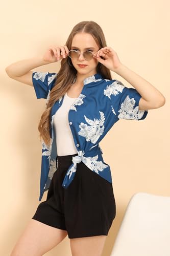 Image of Womens Casual Shirt Soft Beach Shirts Floral Tropic Print V Neck T-Shirt Short Sleeve Button Up Tops