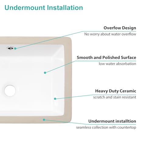 Kichae Undermount Bathroom Sink - 18 x 12 Undermount Bathroom Sink Rectangle White Rectangular Porcelain Ceramic Lavatory Vanity Sinks with Overflow - Thumbnail 7