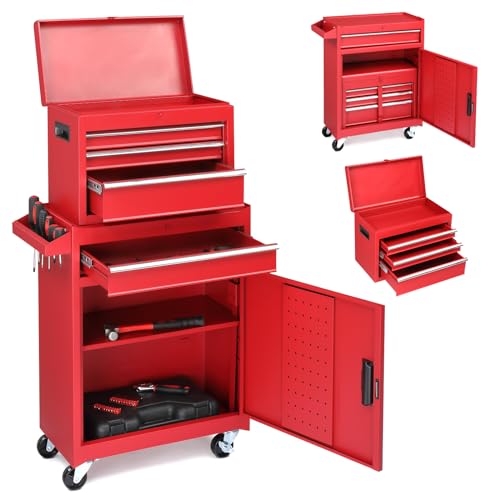 Pinikuyiro Tool Chest Rolling Tool Cabinet 4-Drawer Material for Heavy Duty Lockable Tool-Box & Storage Cabinet - for Garage and Workshop, Red