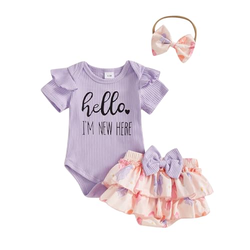 Image of FIOMVA Im New Here Newborn Outfit Girl Onesie Romper+Ruffle Tutu Shorts Bloomer Set Baby Girl Preemie Coming Home Outfit