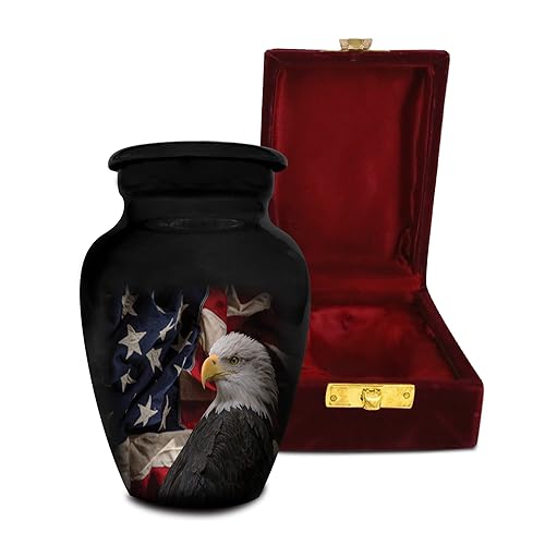Honorary Memorials Patriotic Hearts Eagle Keepsake Urn for Human Ashes | American Flag Cremation Urn for Adults, Veteran, Medium Size, Handmade Funeral Urns with Velvet Bag