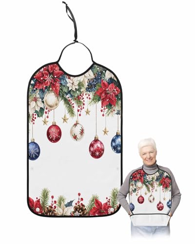 Christmas Adult Bib for Adults Men, Women, Snowflake Red Blue Poinsettia Berry Xmas Ball Washable & Adjustable Terry Cloth Bib with Crumb Catcher Reusable Waterproof Clothing Clothes Protector Apron