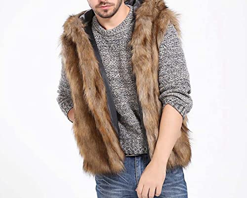 Amtfby Men's Warm Faux Fur Hooded Waistcoat Short Vest Jacket Coat Sleeveless Outwear Brown 3Xl #TOP2