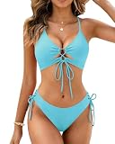HORISUN Sexy Bikini-Sets für kurvige Damen 2-teiliger Cut-Out-Badeanzug mit hohem Beinausschnitt, Kordelzug & verstellbaren Bindebändern (Hellblau M)