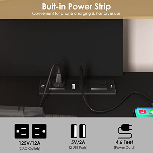 Corner Vanity Desk With Lighted Mirror & Power Strip,Black Makeup Vanity Table With Lights,42 Inch Corner Vanity Mirror With Lights And 4 Drawer, 3 Lighting Modes, Brightness Adjustable #TOP3