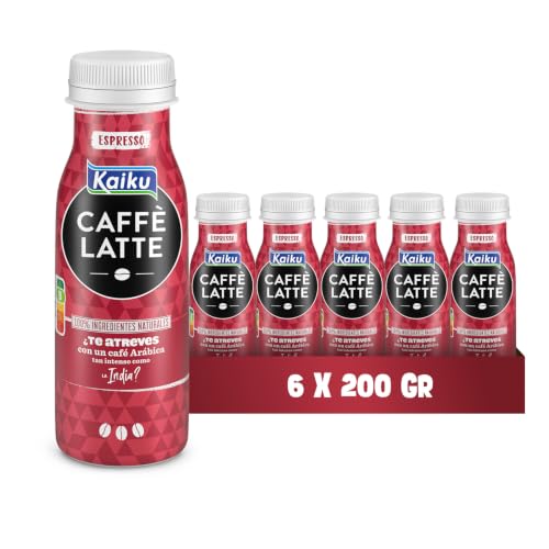 KAIKU CAFFÈ LATTE Espresso 6x200 ml, Café Frío con Leche, Listo para Tomar | Café frío con leche, sabor intenso espresso. Café Arábica. Sin gluten, con lactosa.