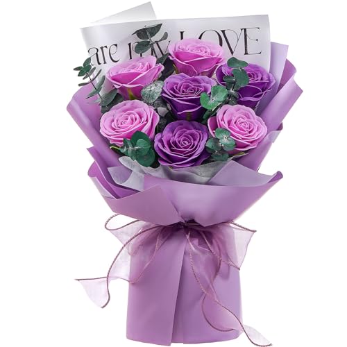 Polylove Roses Bouquet 7-Piece Soap Flower Scented Soap Roses Gift Box for Wife Mother Valentines Day Mothers Day Anniversary Birthday (Purple)
