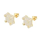 Pendientes de tuerca cuadrados de plata de ley 925 chapados en oro de 18 quilates con circonita cúbica para hombre, hipoalergénicos, micropave hip hop. CHARLINLIOL, STYLE#1, Latón con diamantes de