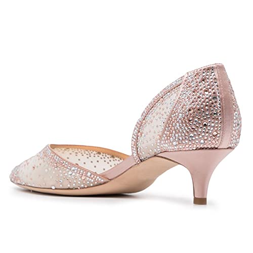 Image of XYD Women's Pumps, Elegant Pointed Toe, D'Orsay Kitten Low Heels, Rhinestone Studs, Slip-On Satin Shoes for Wedding