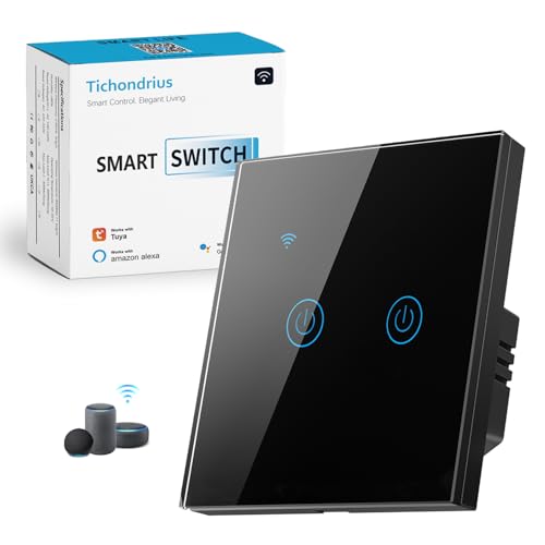 Tichondrius WiFi Smart Switch Smart Touch Light Switch work with Tuya Smart APP WiFi & Voice Control Alexa/Google Home Compatible Easy Installation. (2 black)