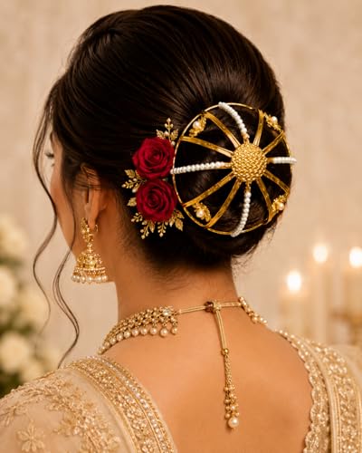 Image of Brass Hair Bun Cage with Stick for Women | Handcrafted Anti-Tarnish Juda Cover | Golden Surya Design Hair Bun Accessory for Wedding, Bridal, Festival, Bharatanatyam & Ethnic Wear