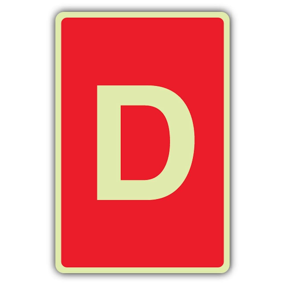 V Safety Photoluminescent D Label - Red Safety Sign - 150 x 225 mm - 1.2mm Rigid Plastic - Double Glow