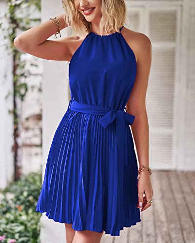 Btfbm Women 2023 Summer Casual Halter Neck A-Line Dress Sleeveless Belted Swing Pleated Cocktail Party Beach Mini Dresses(Solid Royal Blue, Medium) #TOP7