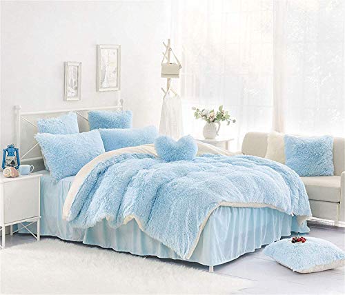 One Meter Sunshine 4Pcs Luxury Plush Fluffy Bedding Sets, 1 Faux Fur Duvet Cover + 1 Fleece Flannel Bed Sheet Skirt + 2 Furry Shaggy Pillow Sham, Zipper Closure (Blue, Full) #TOP9