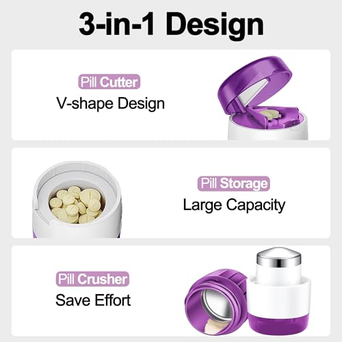 Image of DUBSTAR 3-in-1 Pill Crusher Pill Grinder, Pill Crusher Fine Powder with Brush, Pill Crushers for Elderly with Pill Cutter and Storage, Pill Cutter Splitter for Small or Large Pills (Purple)