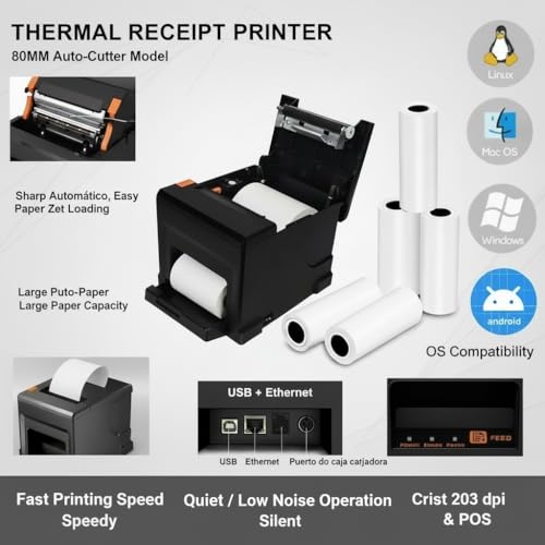 Fuhuihe 80mm Thermo-POS-DruckerWindows | 300 mm/s Auto-Cutter | Inkl. 5 Rollen Papier | Für Gastronomie & Einzelhandel (8360+USB+LAN​)