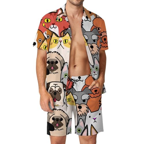 Chemise Hawaïenne Homme Chiens et Chats Ensemble d'Été de Plage aux Finitions Soignées S