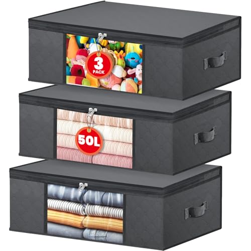 NEWSONA Pack de 3 Bolsas de Almacenamiento Plegables 50L – Gris Oscuro – Tela de 3 Capas con Ventana Transparente – para Ropa, Mantas, Cama, Armario