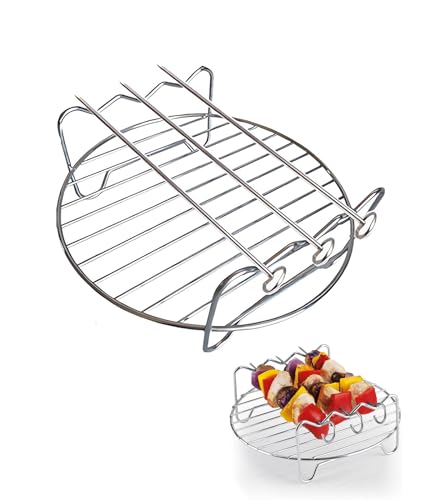 5Pcs Grill Stand, Grill Rack for Air Fryer 7 inches,Round Grill Rack with 4Pcs Skewers, Durable Air Fryer Accessories for Even Cooking (Circle (Silver) B)