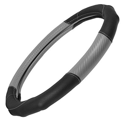 Bdk V-Leather Car Seat Covers & Steering Wheel Cover For Auto Care - Synthetic Leather Material - Carbon Fiber Accent Steering - Front Seat Coverage Protection (Slate Gray) #TOP6