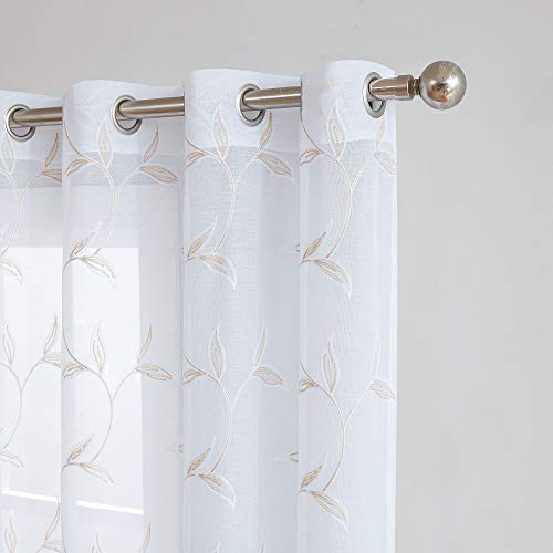 Warm Home Designs White Curtains with Golden Leaf Embroidery. M Linen 63