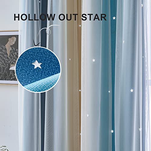 Indistar Star Blackout Curtains For Girls Kids Bedroom, Colourful Stripe Window Curtain Panels, 2 Layer Lace Drapes, Room Darkening Curtain For Living Room Decor, 2 Panels (Blue W52 X L63 Inch #TOP4