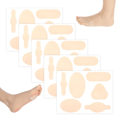 5 Sheets Moleskin Adhesive Pads Blister Bandages for Feet Shoes Toes Heel Self-Adhesive Blister Prevention Tape Patchs in 6 Shapes 30ct Mole Skin Tape Stickers for Walking Running Sports
