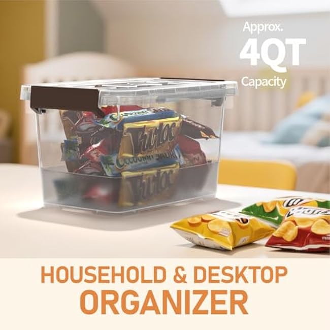 8 Pack Plastic Storage Latch Bins, 4 Quart Clear Plastic Handle Box with Lids and Handle, Multi-Purpose