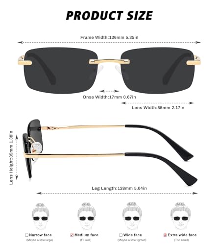 Image of Retro Frameless Rectangle Sunglasses Womens Trendy Narrow Small Frame Spring Hinge UV Protection FZN905