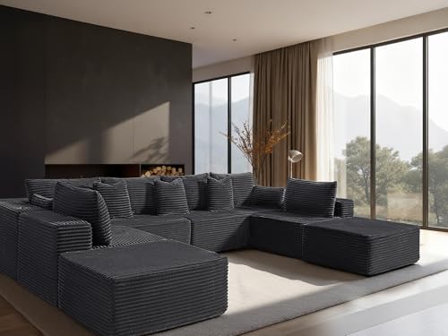 Image of 138 inch Cloud Sectional Couch, Comfort U Shaped Sofa for Living Room, Extra Deep Seats No Assembly, Minimalist Modular Couch, Corduroy (Dark Grey, 8 Seats,U-Shape A)