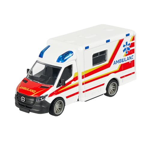 Majorette Auto Mercedes-Benz Sprinter Ambulance (15 cm) - großer Krankenwagen mit Metall-Kabine, Freilauf & Funktionen, Spielzeug-Rettungswagen für Kinder ab 3 Jahre
