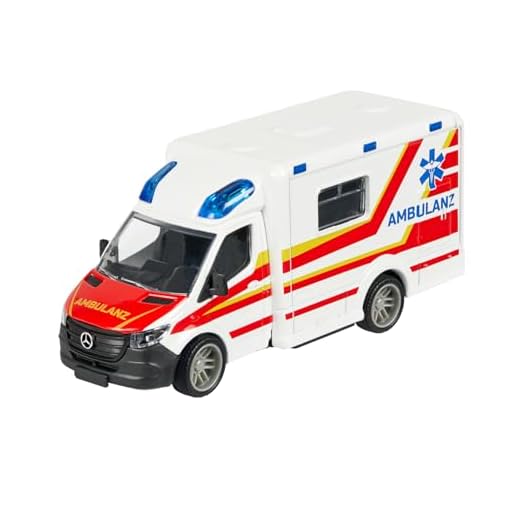 Majorette Auto Mercedes-Benz Sprinter Ambulance (15 cm) - großer Krankenwagen mit Metall-Kabine, Freilauf & Funktionen, Spielzeug-Rettungswagen für Kinder ab 3 Jahre