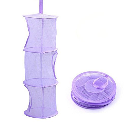 AKOAK Collapsible Mesh Hanging Storage with 3 Compartments,Toy Storage Basket for Kids Room Organization Mesh Hanging Bag,Purple