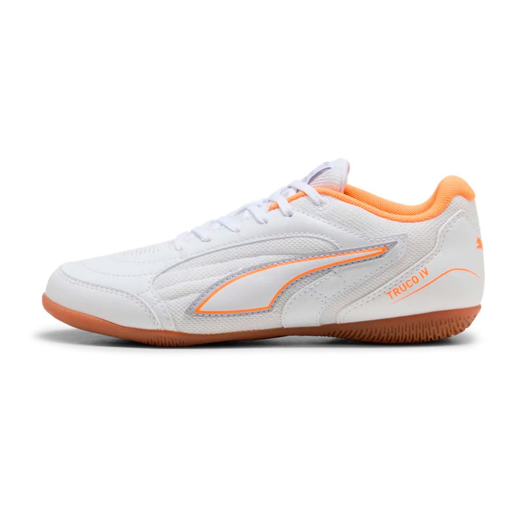 PUMA TRUCO IV JR Soccer Shoe, White-Orange Glow-Vibrant Silver, 1.5 UK