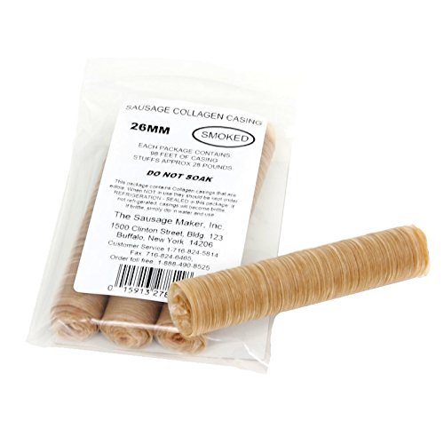 The Sausage Maker® 26mm Collagen Casings For Sausage Making, Edible, Clear, Smoked Beef Collagen Sticks, 1” Diameter Hot Dog Casings, 98 Feet Sausage Skin, Stuff Approximately 28 Lbs Meat