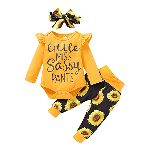 Image of Adnee Newborn Baby Girls Ruffle Romper Letter Bodysuit Sunflower Pants Headband Clothes Set