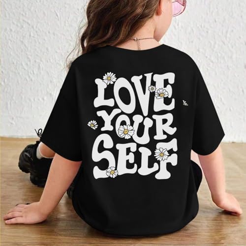 Image of Cute Shirts for Girls Graphic Tees Tweens Tshirts for Kids Girls Short Sleeve Shirt Preppy Summer Tops Clothes(Black,130)
