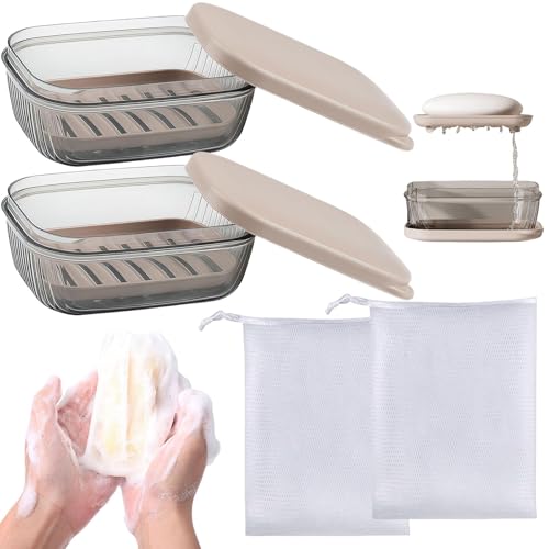 2 boîtes à savon de voyage, porte-savon avec couvercle, porte-savon avec drainage, porte-savon facile à nettoyer et 2 sacs à savon pour voyage, salle de bain, camping, etc