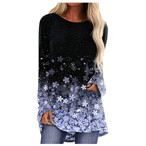 LLonGao Damen Blusen Langarm Lässig Drucken Rundhals Tunika Long-Sleeves...